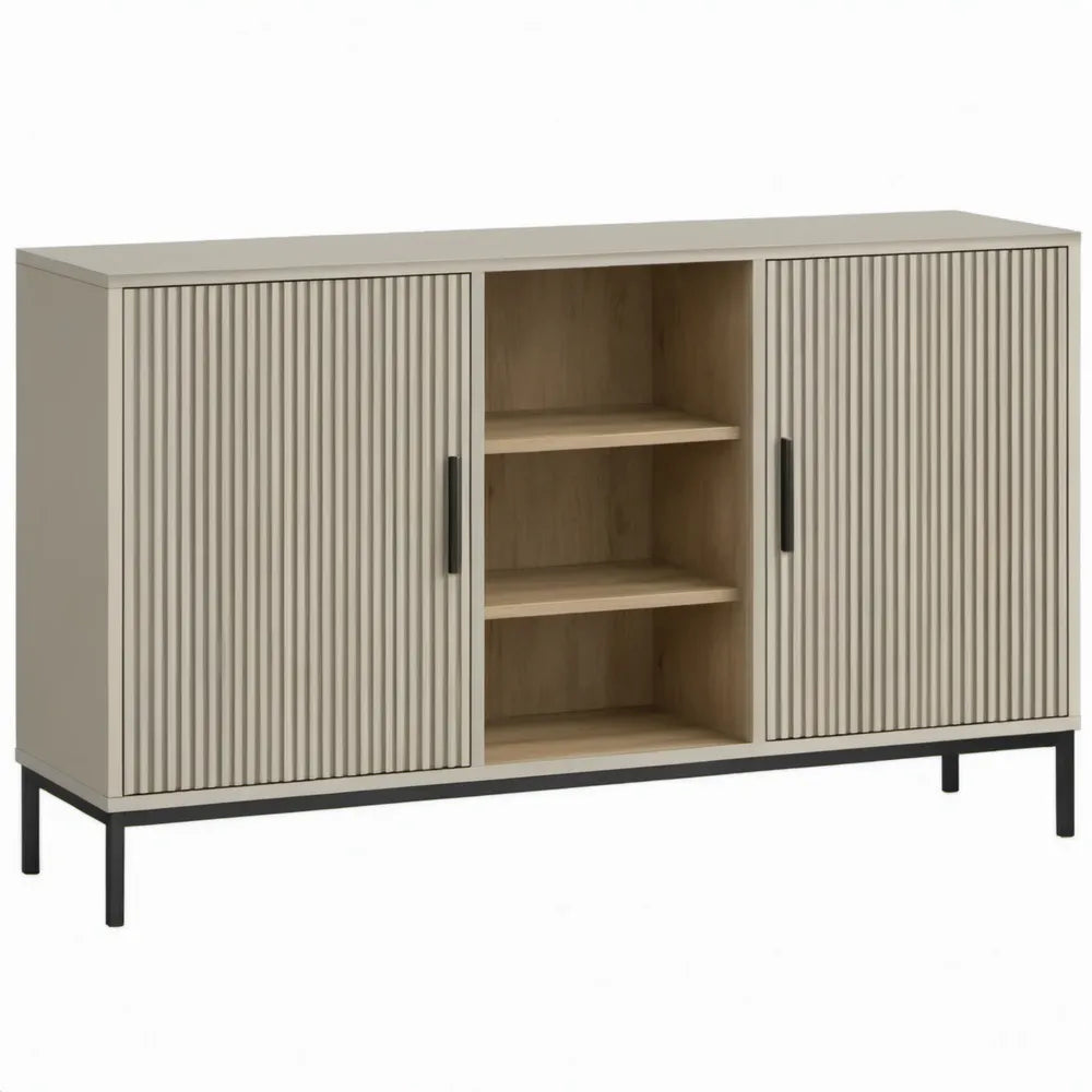 Dressoirkast met 2 geribbelde deuren en open vakken, 120 x 40 x 90 cm, beige met eikenhoutlook en zwarte details