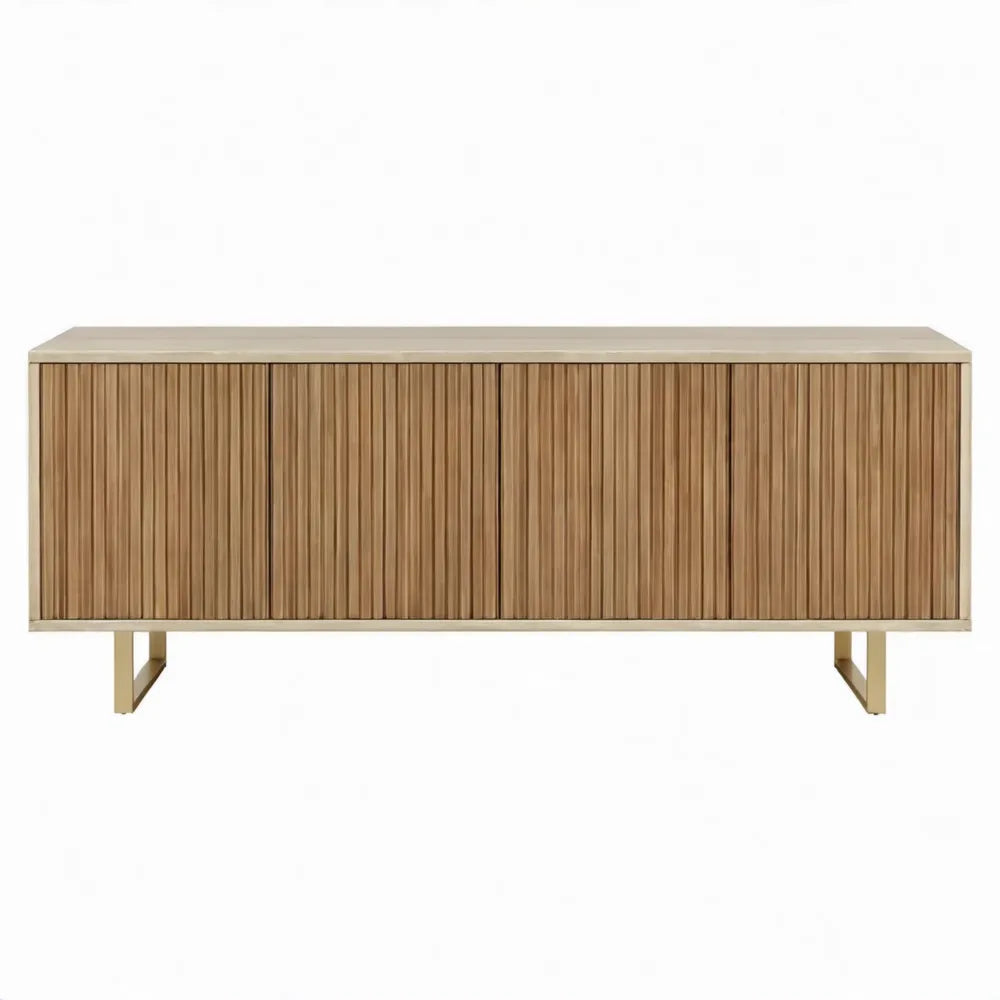 Dressoir met 4 deuren, 2 planken en geribbelde eikenhouten fronten - 180 x 40 x 75 cm - Naturel bruin/Beige