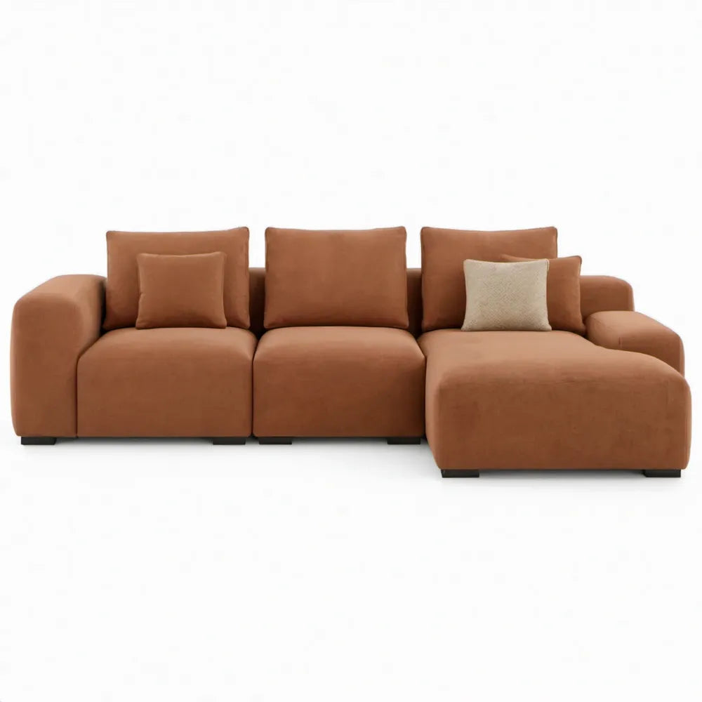 Terracotta hoekbank met rechtszijdige chaise longue van polyesterfluweel, 300 x 160 x 85 cm