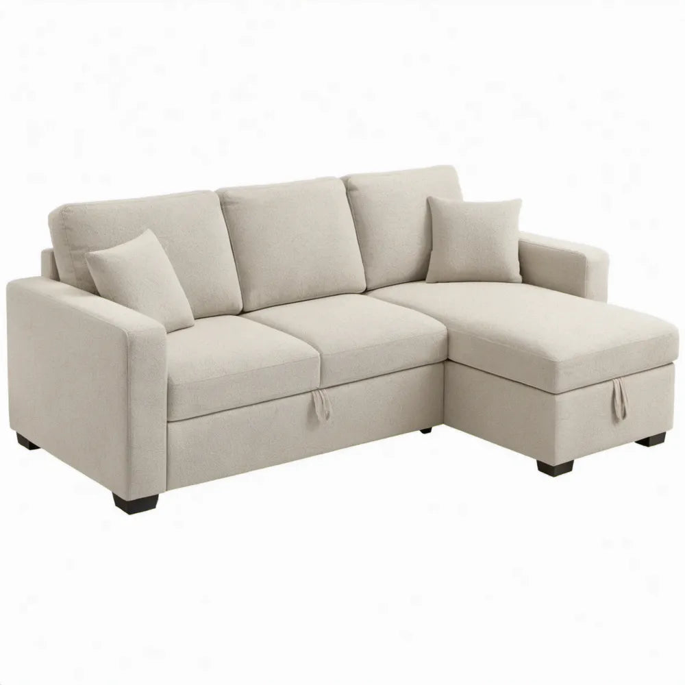 Beige hoekbank met chaise longue rechts en zwarte poten, 230 x 145 x 85 cm