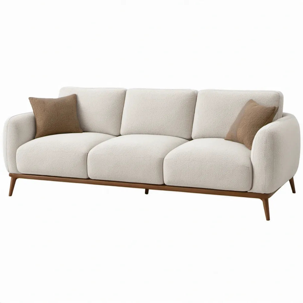 3-zitsbank 210 x 90 x 82 cm in crème bouclé met donkerbruine rubberhouten poten