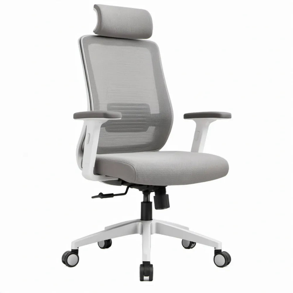 Ergonomische bureaustoel met verstelbare hoofdsteun en armleuningen, grijs/wit, 65 x 65 x 115-125 cm
