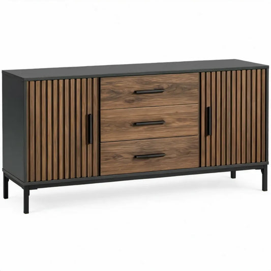 Dressoir met 3 lades en 2 deuren, 160 x 40 x 80 cm, walnootbruin en zwart