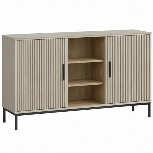 Dressoirkast met 2 geribbelde deuren en open vakken, 120 x 40 x 90 cm, beige met eikenhoutlook en zwarte details