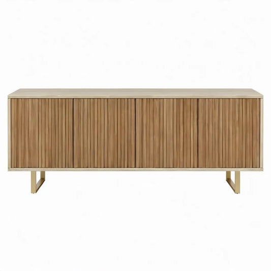 Dressoir met 4 deuren, 2 planken en geribbelde eikenhouten fronten - 180 x 40 x 75 cm - Naturel bruin/Beige