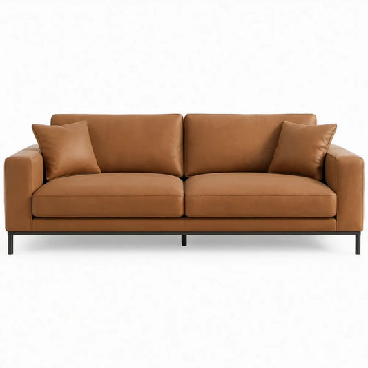 3-zitsbank van cognackleurig PU-kunstleer met zwarte stalen poten, 210 x 90 x 85 cm