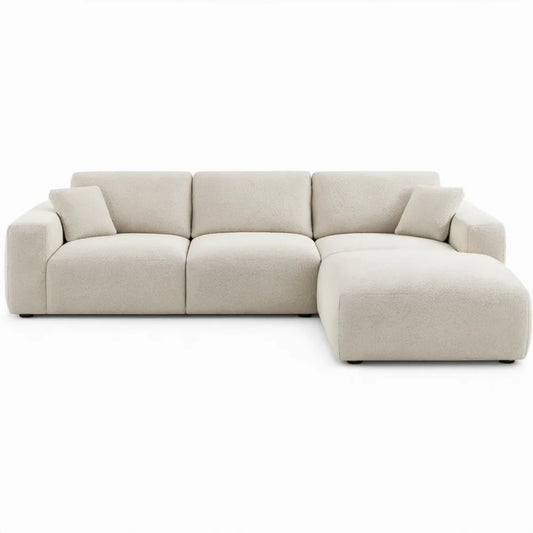 Crèmekleurige bouclé hoekbank met chaise longue rechts, 285 x 165 x 82 cm