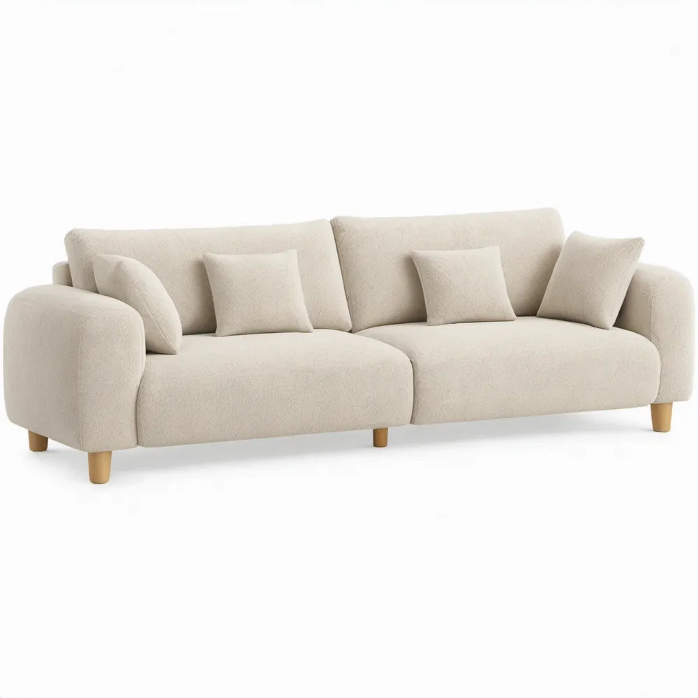Gebogen 3-zitsbank van crèmekleurige polyester bouclé, 230 x 95 x 82 cm, met houten poten