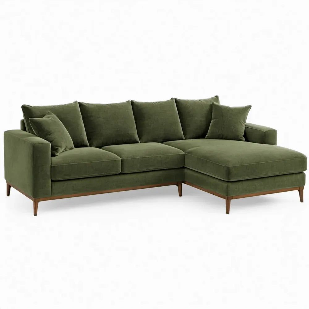 Olijfgroene fluwelen hoekbank met rechter chaise longue 250 x 160 x 85 cm
