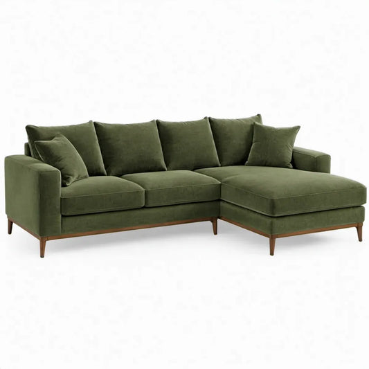 Olijfgroene fluwelen hoekbank met rechter chaise longue 250 x 160 x 85 cm