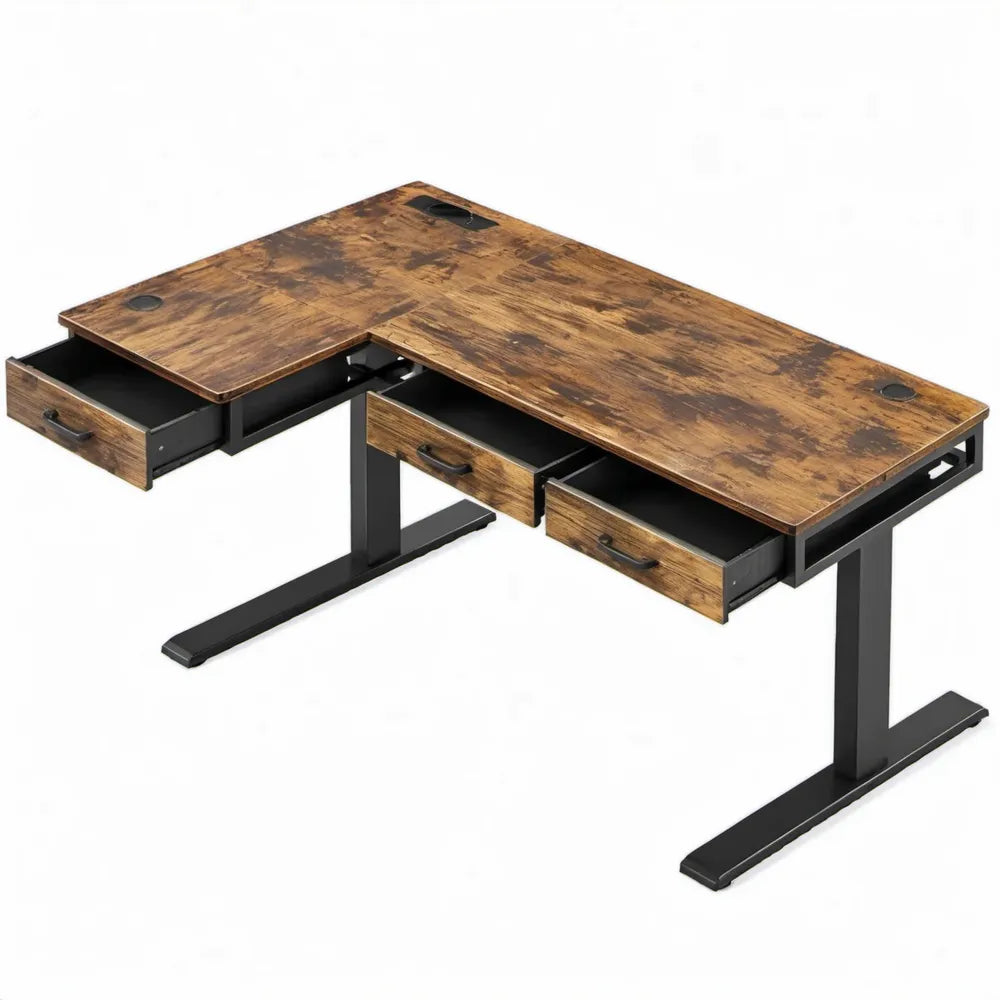 L-vormig hoekbureau met 3 lades en kabeldoorvoeren, 140 x 120 x 75 cm, Bruin/Zwart