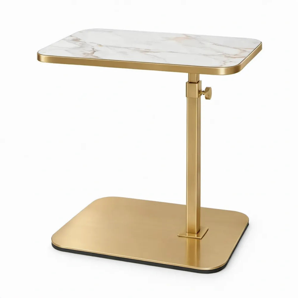 Verstelbare bijzettafel 40 x 30 cm, hoogte 52-70 cm, wit marmerlook en goudkleurig