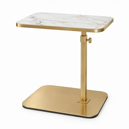 Verstelbare bijzettafel 40 x 30 cm, hoogte 52-70 cm, wit marmerlook en goudkleurig