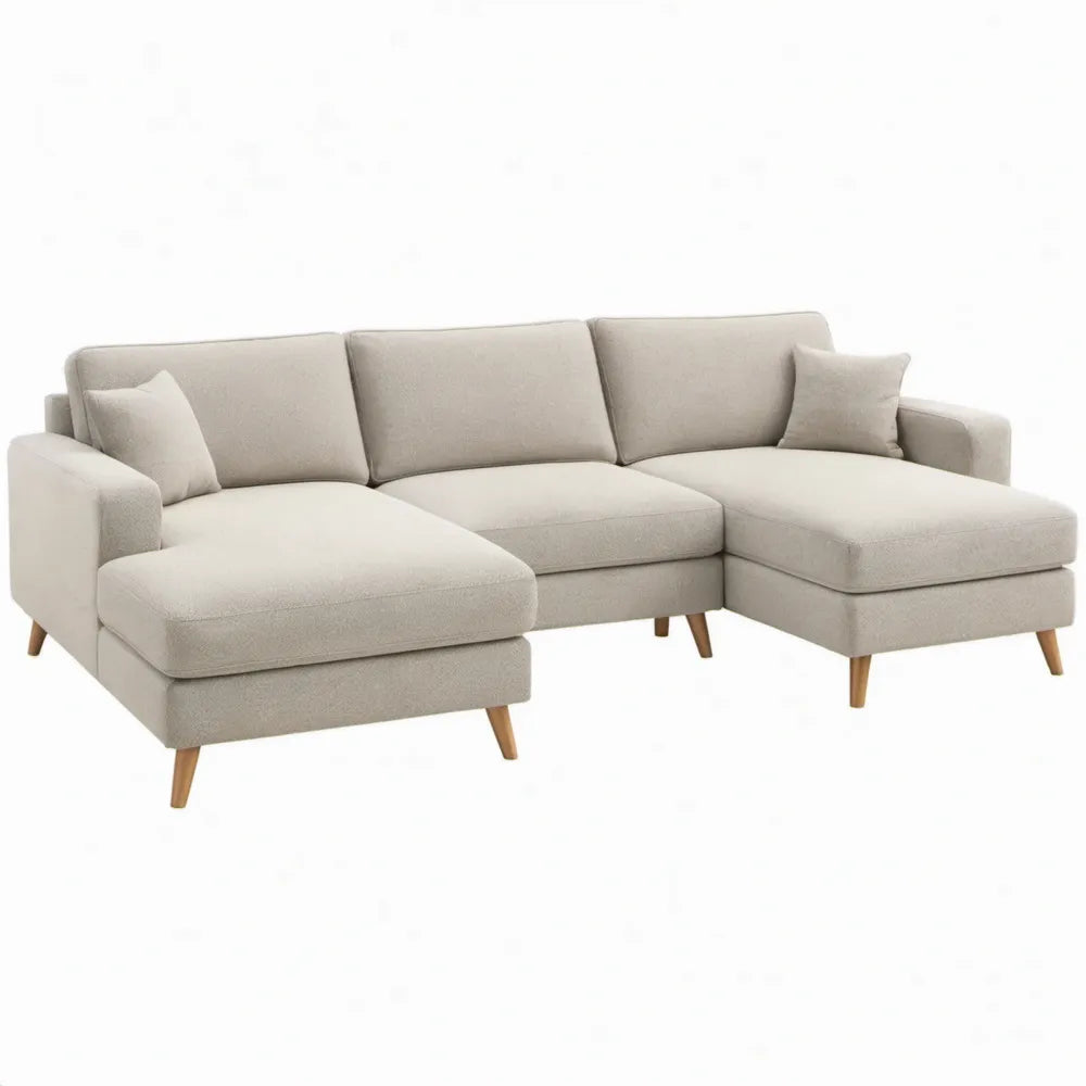 U-vormige 4-zitsbank met chaise longues, 300 x 160 x 85 cm, beige polyester met bruine massiefhouten poten