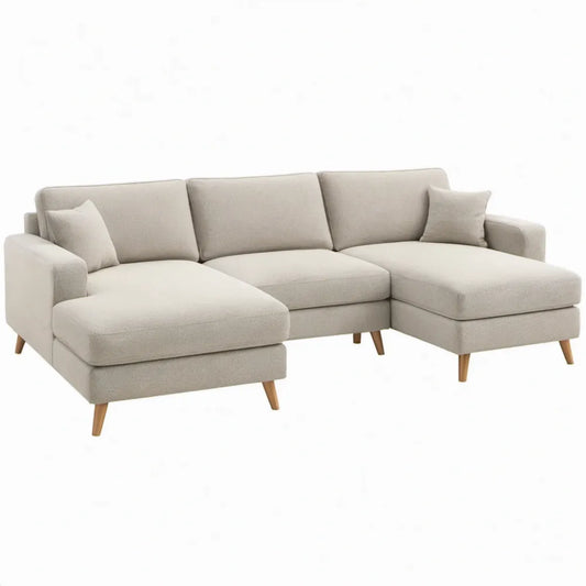 U-vormige 4-zitsbank met chaise longues, 300 x 160 x 85 cm, beige polyester met bruine massiefhouten poten