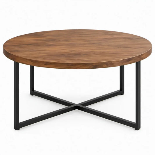 Ronde salontafel Ø 80 x 45 cm van massief acaciahout met zwart stalen kruisframe