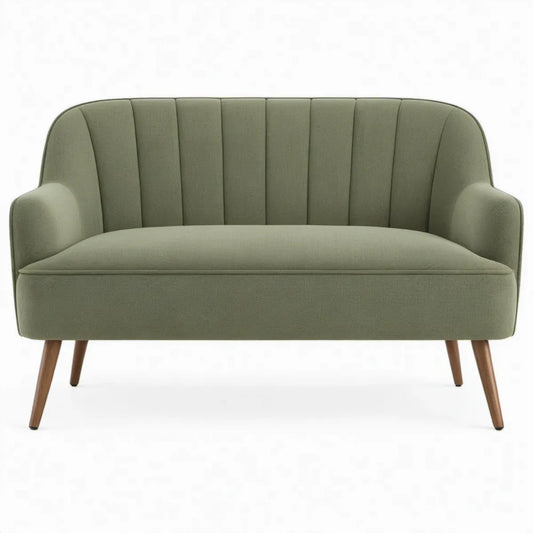 Gebogen 2-zitsbank van olijfgroen polyester met houten poten, 140 x 78 x 80 cm