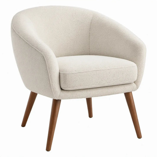 Crèmekleurige bouclé fauteuil met bruine massief houten poten, 72 x 70 x 78 cm