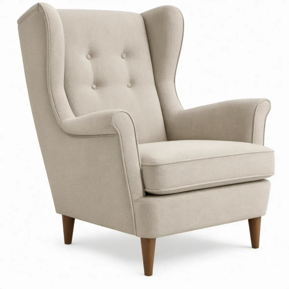 Beige oorfauteuil met bruine rubberhouten poten, 80 x 86 x 105 cm
