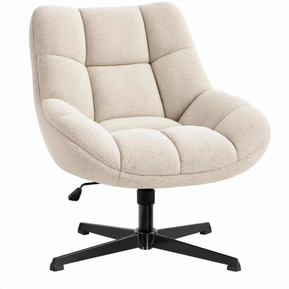 Draaibare loungestoel met hoogteverstelling, crèmekleurige bouclé en zwarte stalen voet, 76 x 78 x 92-102 cm