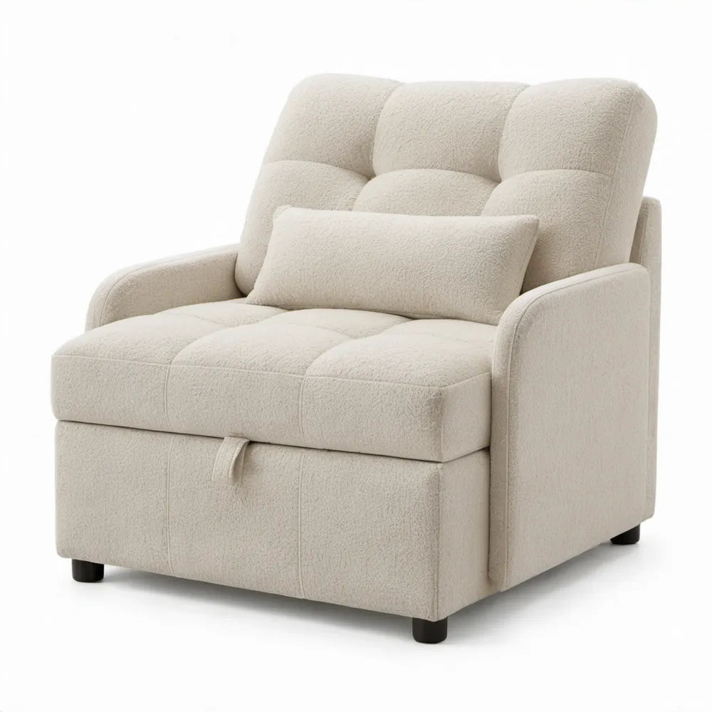 Uitschuifbare eenpersoons slaapfauteuil met opbergvak en kussen, crèmewit bouclé, 100 x 92 x 88 cm