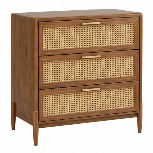 Ladekast met 3 laden, 80 x 45 x 100 cm, massief acaciahout, walnootbruin en naturel rotan