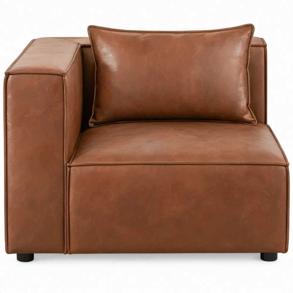 Vierkante fauteuil van cognacbruin PU-kunstleer met zwart kunststof poten, 95 x 90 x 75 cm