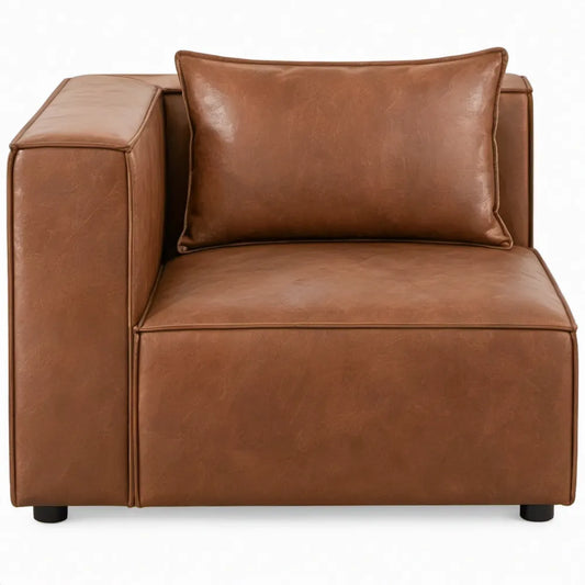 Vierkante fauteuil van cognacbruin PU-kunstleer met zwart kunststof poten, 95 x 90 x 75 cm