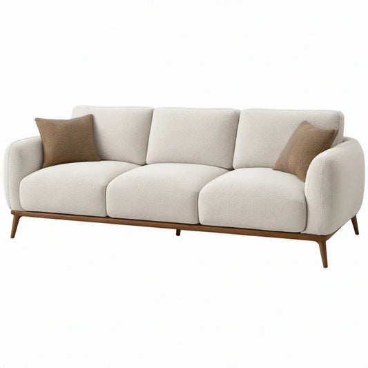 3-zitsbank 210 x 90 x 82 cm in crème bouclé met donkerbruine rubberhouten poten