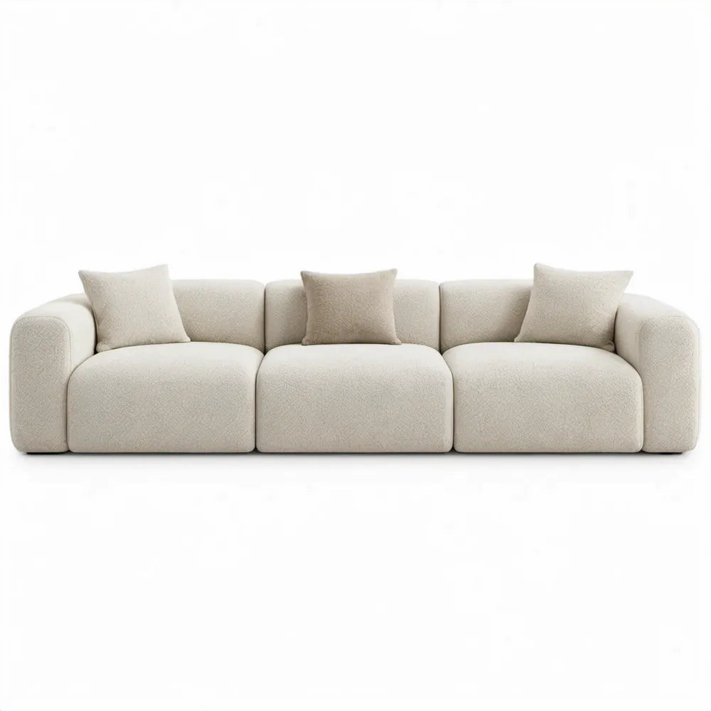 3-zitsbank met rechte opstelling, 300 x 105 x 75 cm, crème bouclé polyester