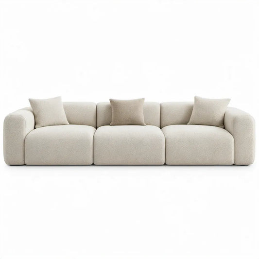 3-zitsbank met rechte opstelling, 300 x 105 x 75 cm, crème bouclé polyester