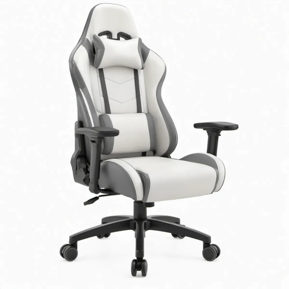 Wit-grijze gamingstoel met voetsteun en verstelbare armleuningen, 68 x 65 x 120-130 cm