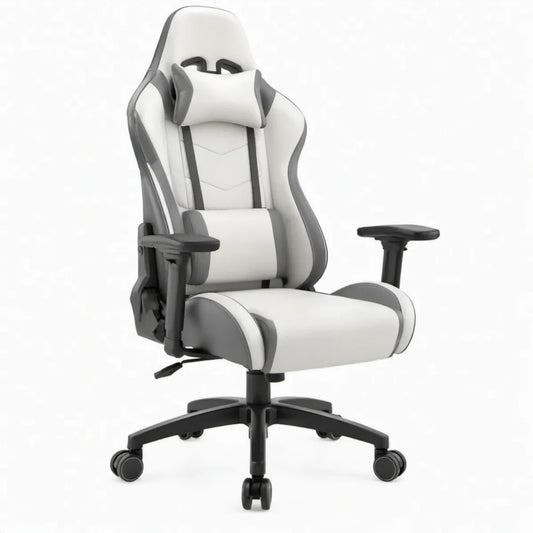 Wit-grijze gamingstoel met voetsteun en verstelbare armleuningen, 68 x 65 x 120-130 cm