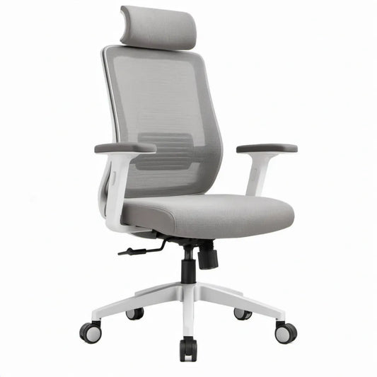 Ergonomische bureaustoel met verstelbare hoofdsteun en armleuningen, grijs/wit, 65 x 65 x 115-125 cm